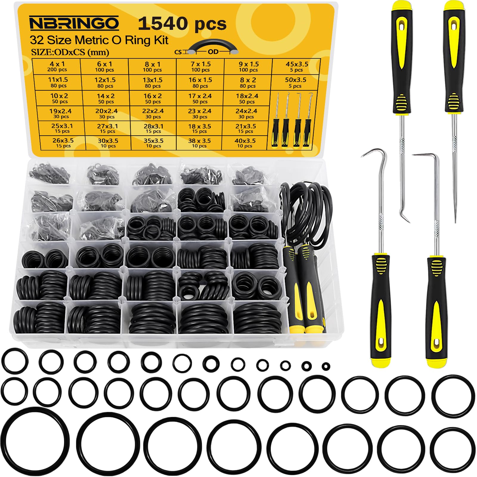 Kit assortito di 1540 anelli O-Ring con 4 strumenti per grimaldelli e ganci, 32 misure, in gomma nitrilica, kit per idropulitrice, riparazione automobilistica, industriale, idraulico