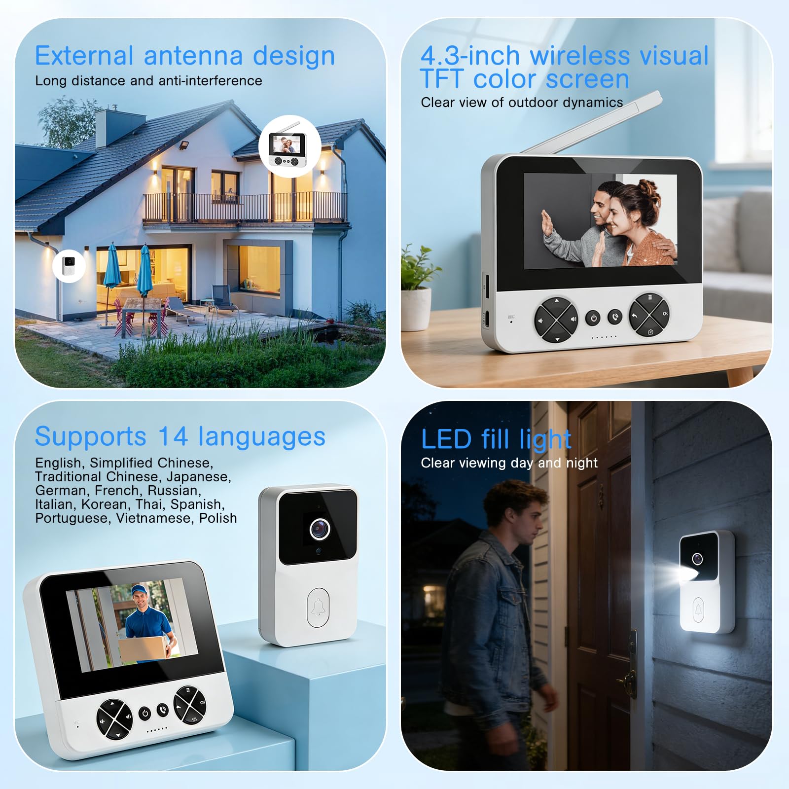 Timbre de vídeo inalámbrico al aire libre con cámara IP65 impermeable 1080P HD - Pantalla IPS de 4,3 pulgadas Portero Vídeo - Visión Nocturna Infrarroja y Audio Bidireccional - Timbre inalámbrico con
