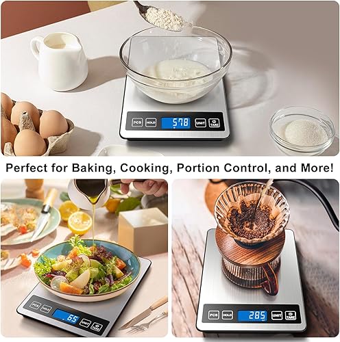 Miniatura 7 de Fuzion Báscula de alimentos, báscula digital de cocina de 1 g0.1 oz, 22 libras, 7 unidades, tara y PC, potencia recargable, vidrio templado y acero