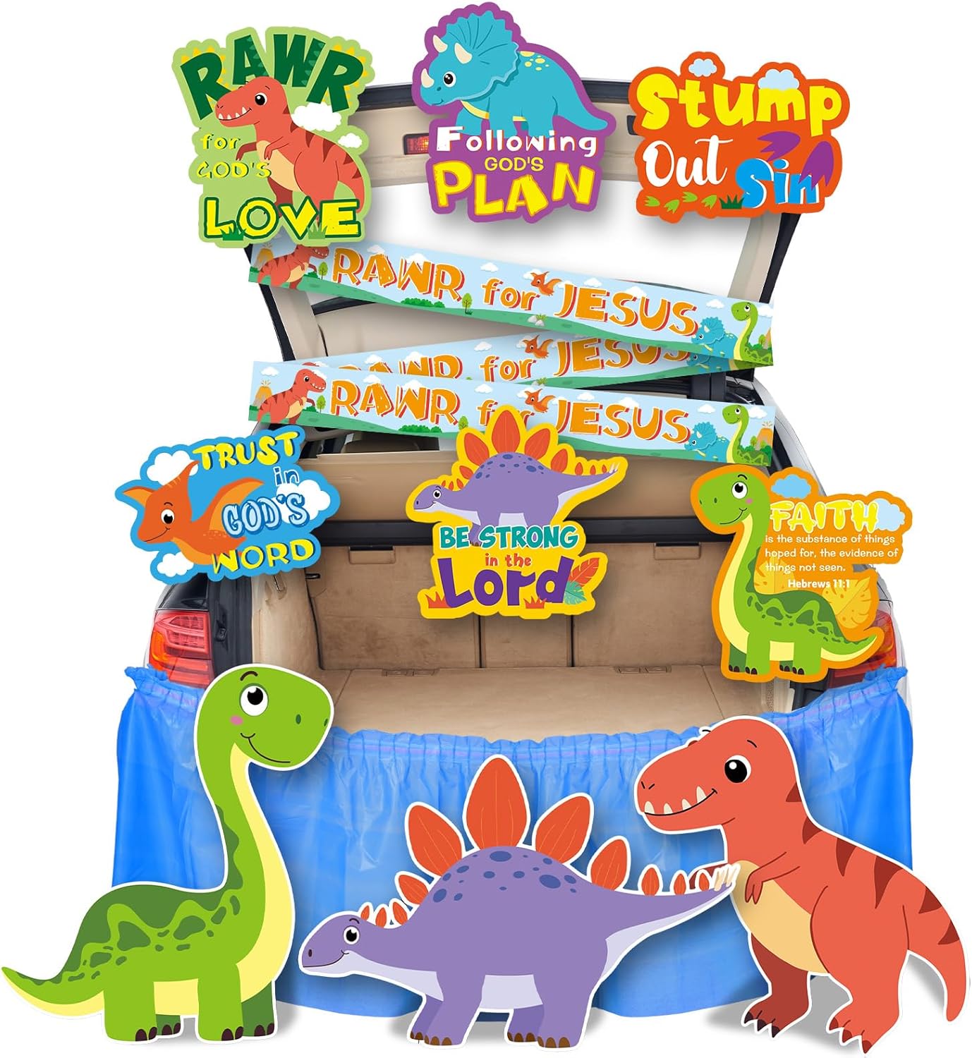10 Pcs Religious Halloween Dinosaur Trunk-or-Treat Decorating Kit Car SUV Decorations Kit Jungle Theme Decor Christian Dinosaur Cutouts Banner for Outdoor Car Archway Door Decor Party Supplies