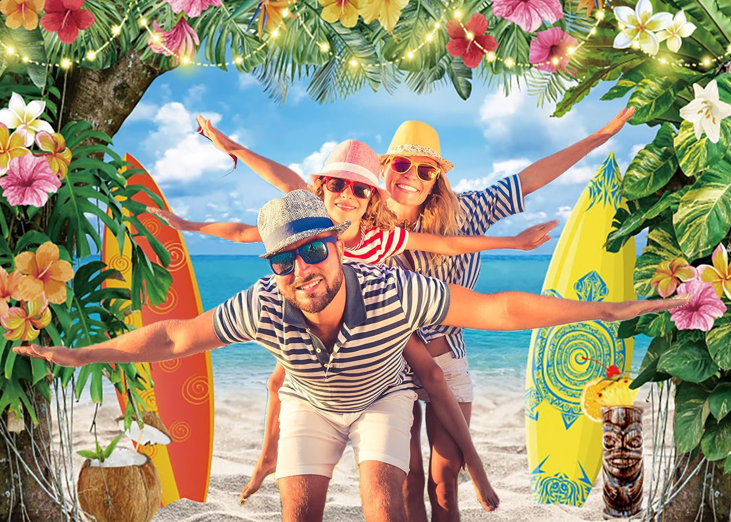 3x2m Sfondo Spiaggia estate hawaiano tropicale foglie di palma fiori tavola da surf cielo blu fotografia sfondo matrimonio baby shower compleanno Luau Party decorazione Photo Booth Props