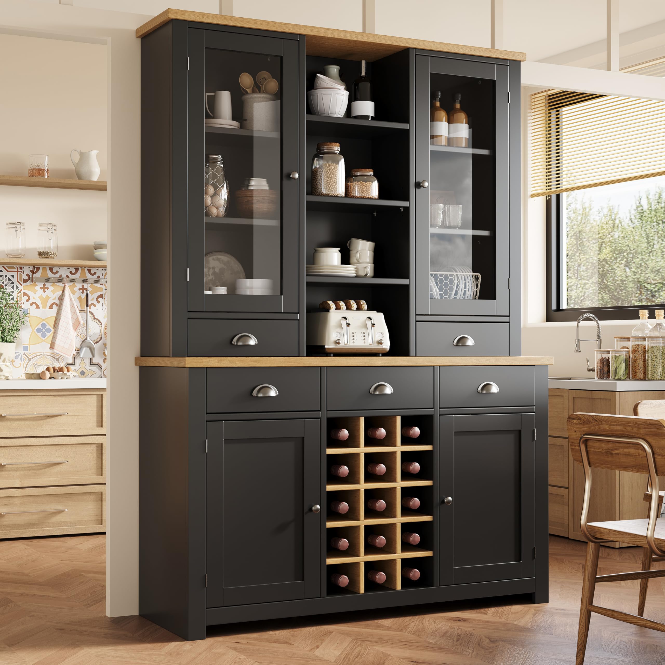 Küchenschrank mit Arbeitsplatte, Buffetschrank mit Herausnehmbares Weinregal, Küchenhochschrank mit Kippschutz, Soft-Close-Funktion, Mehrzweck-Hochschrank für Küche und Wohnzimmer, Schwarz
