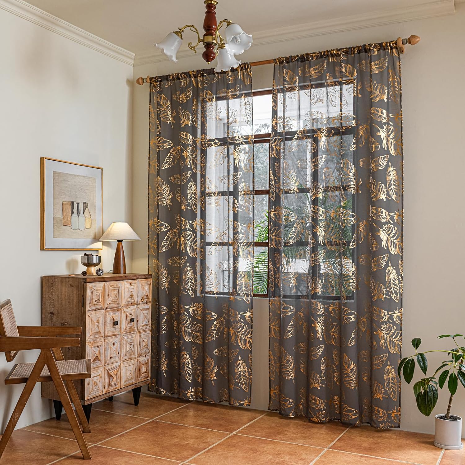 Deeprove Charocoal Gray and Gold Sheer Curtains 84 inches Long 2 Panels for Bedroom Living Room, Dark Grey Metallic Foil Feaher Print Golden Window Treatments Pair Drapes W52 x L84 Inch