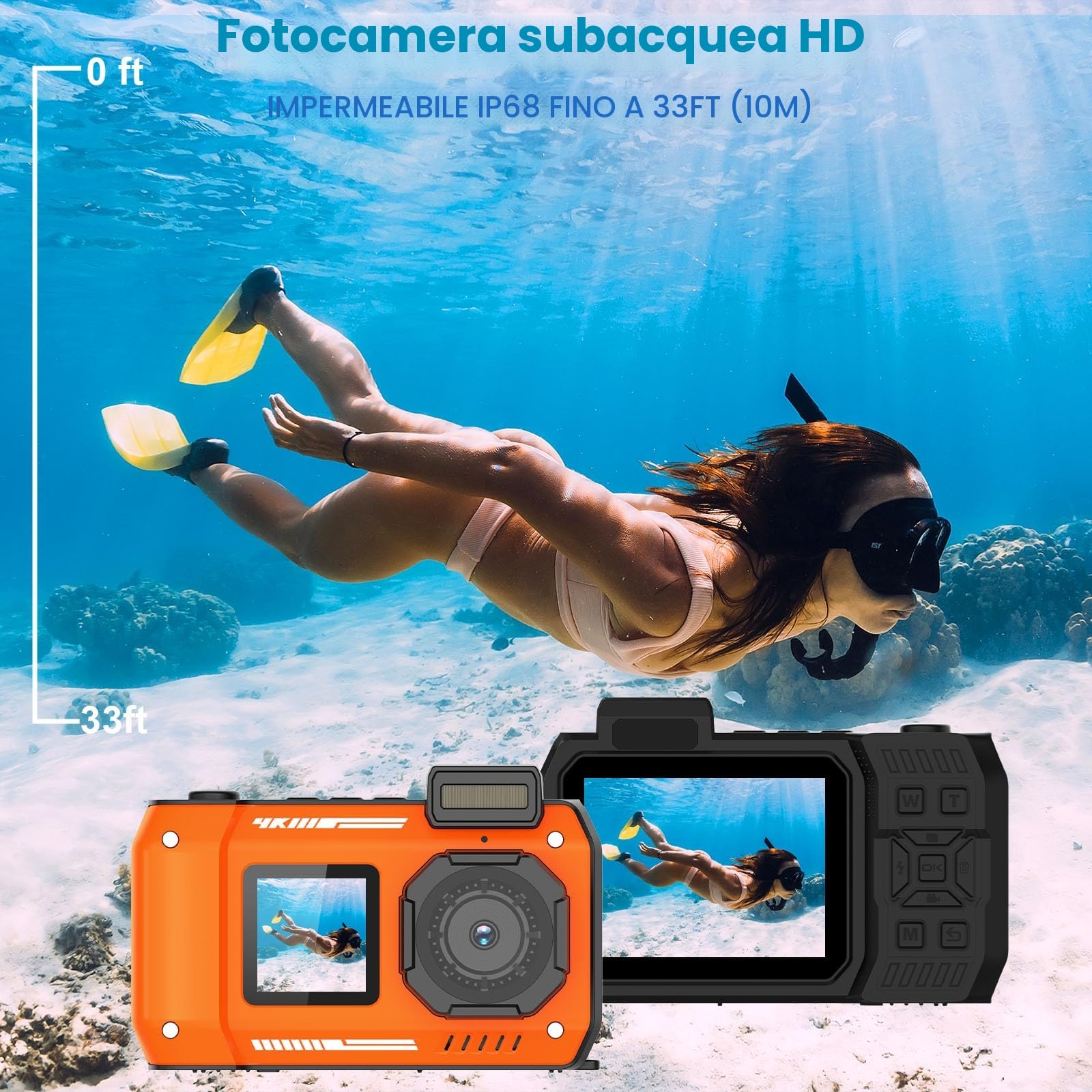 Fotocamera subacquea 4K 48MP impermeabile 32GB doppio schermo robusta antipolvere antiurto autofocus per selfie snorkeling immersioni sport viaggi (arancione)