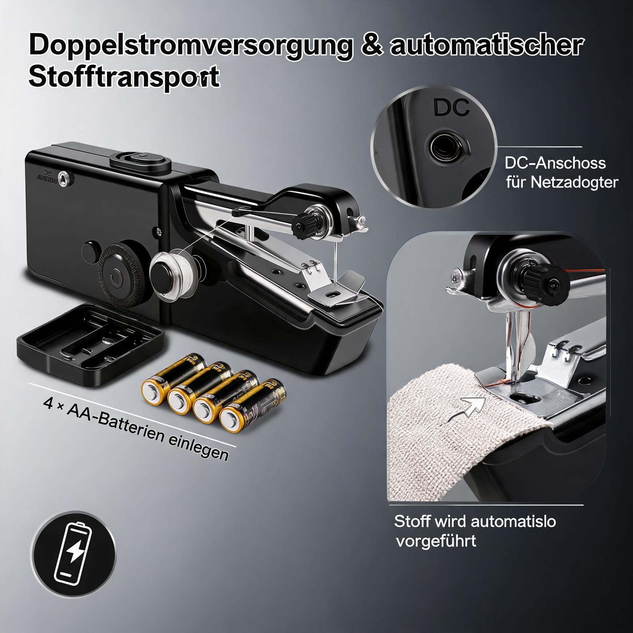 Nähmaschine,Handnähmaschine,Tragbare Mini Elektrische Nähmaschine mit Nähzubehör, für Anfänger, Einfach Bedienbar für Leder, Stoffe, Kleidung & Heimtextilien (Schwarz)