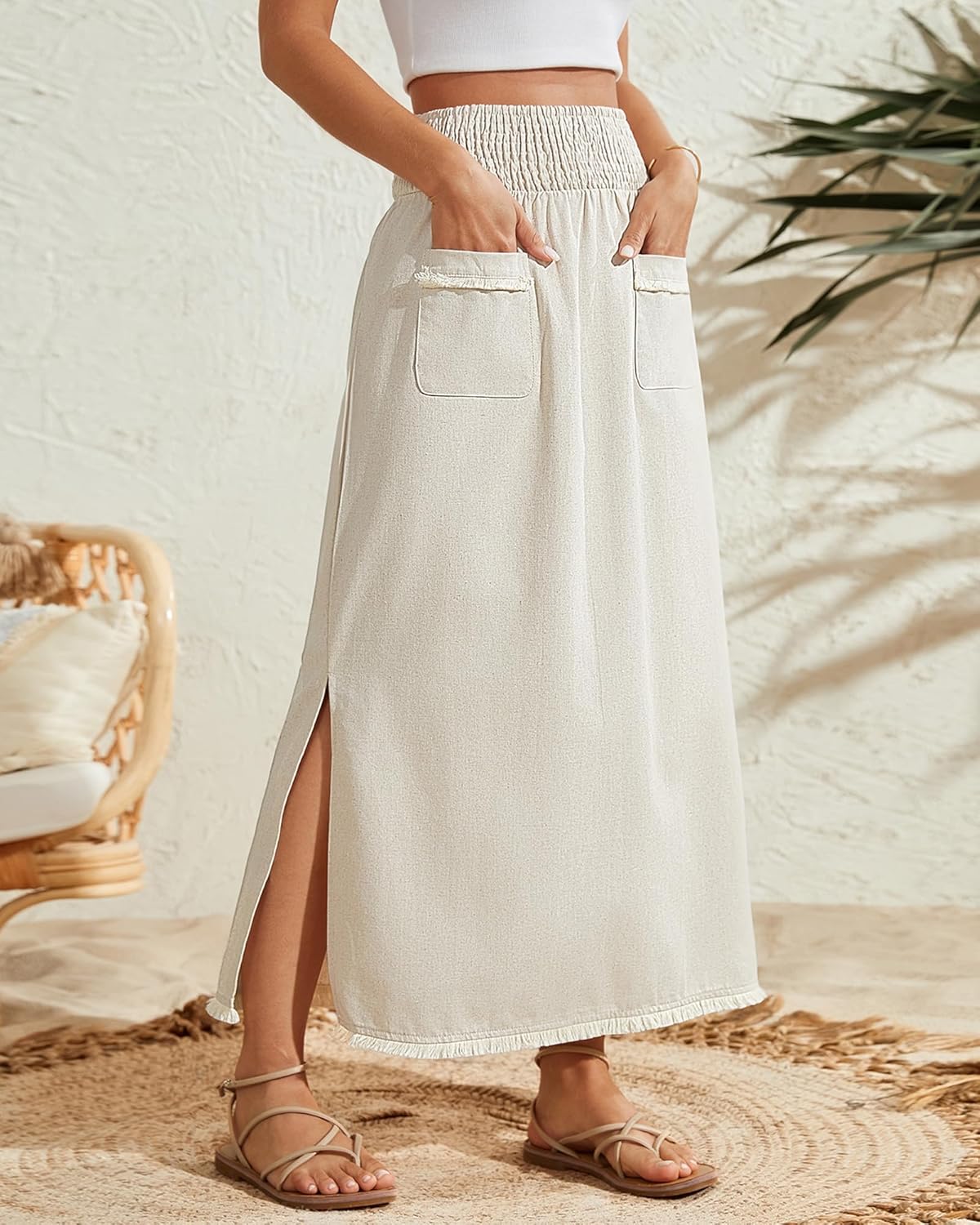 Bsubseach Maxi Skirts for Women Spring 2026 Linen Skirt with Side Slit Elastic Waist Long Ankle-Length Skirts with Pockets