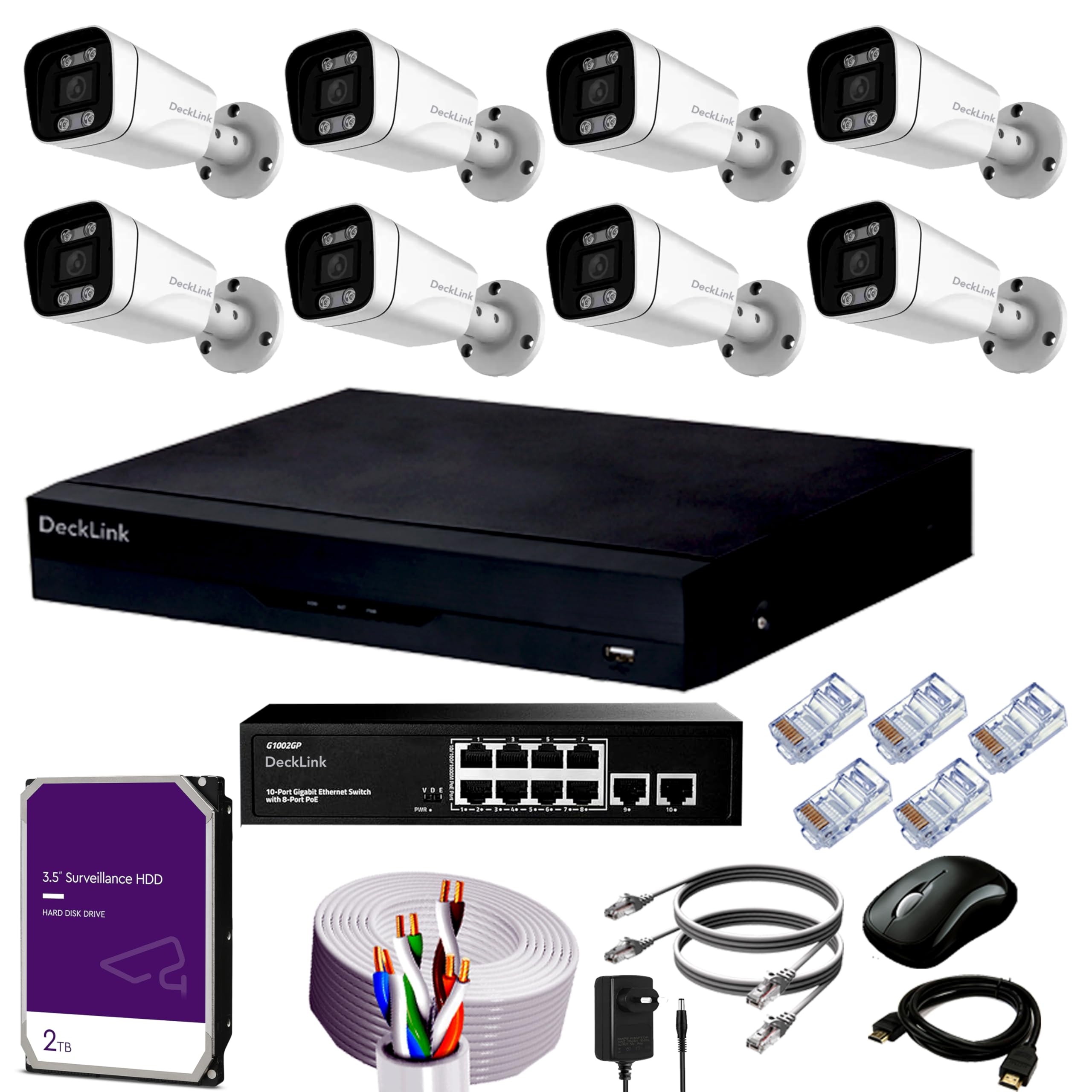 DeckLink 8Mp 4K UHD 2160p Ip Cctv Camera Full Set Metal Body Audio Mic Inbuilt, Poe 8+2 Full Giga 1000Mbps Switch, Cat6 Cable With 2Tb Surveillance Hard Drive And All Accessories
