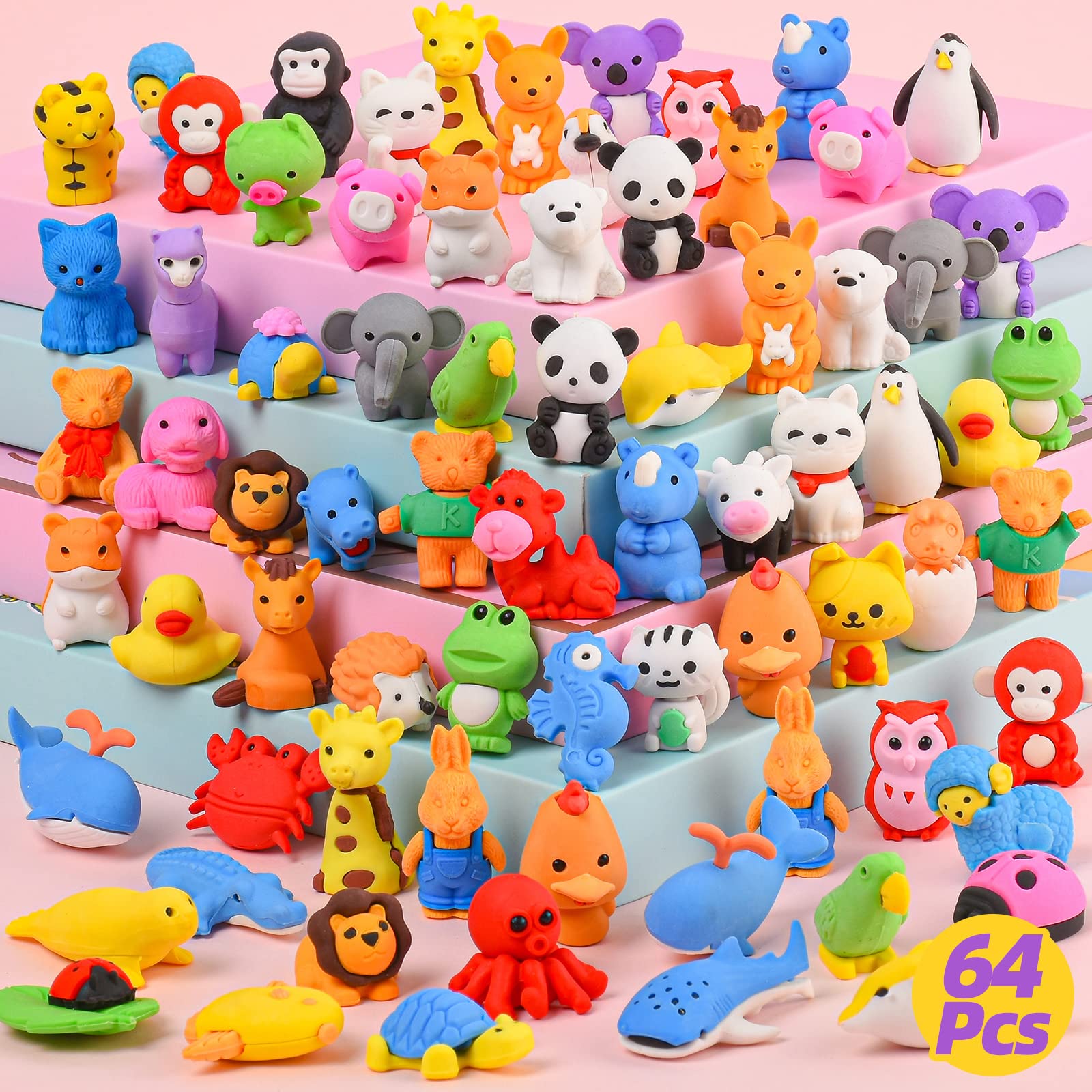 Kaemi 64Pcs Animal Erasers - Kids Desk Pets Bulk 3D Puzzle Erasers Take Apart Toys for Party Favors & Treasure Box Games
