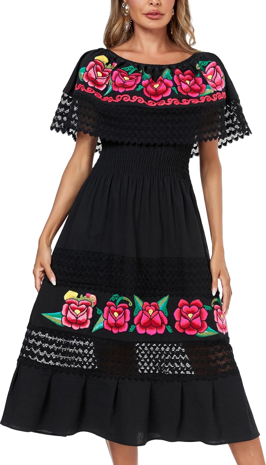 YZXDORWJ Women Embroidered Mexican Peasant Casual Sexy Lace Off-Shoulder Long Dress - Image 3