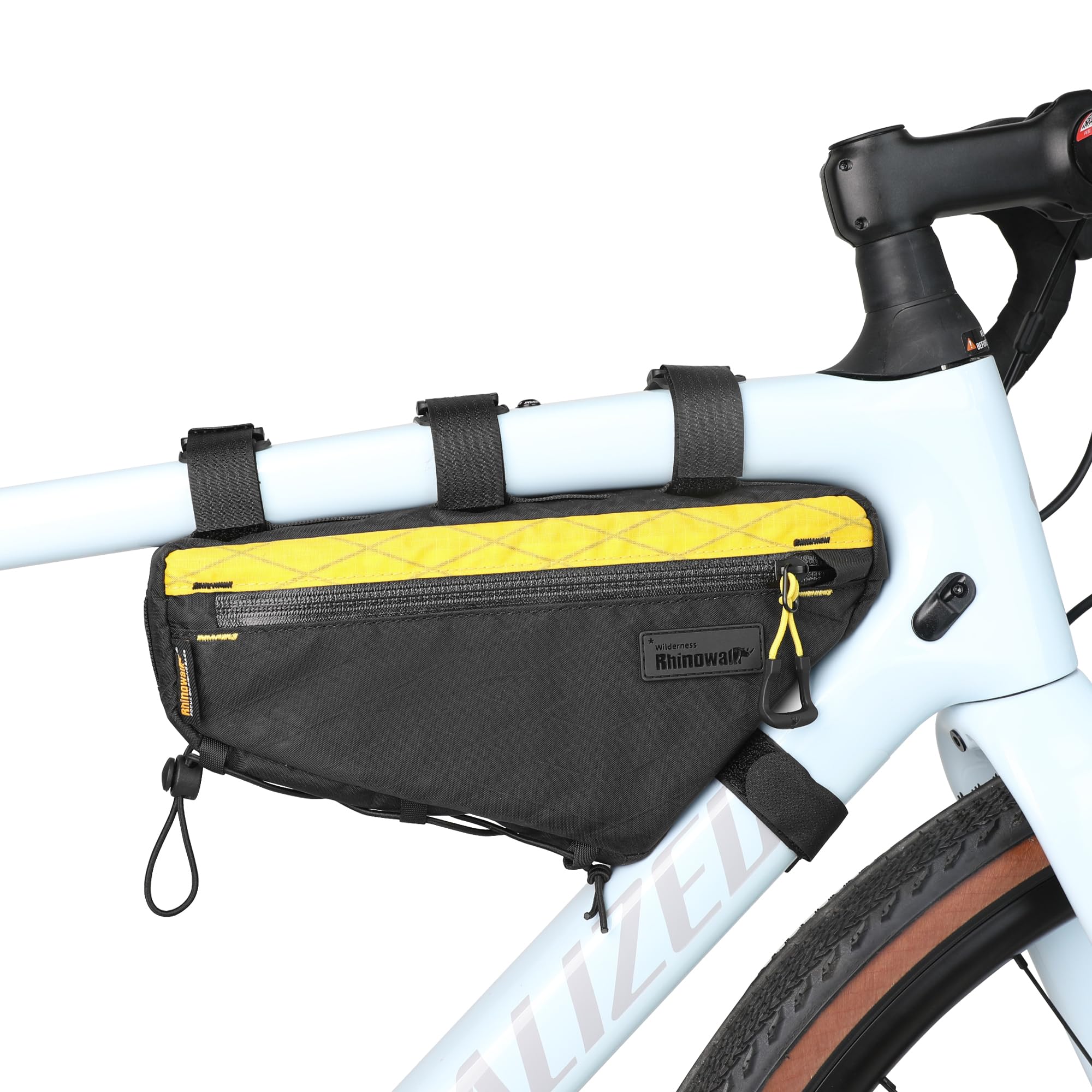 Rhinowalk Borsa triangolare per bicicletta, 1,7 l, impermeabile, per attrezzi e attrezzi con cerniere YKK, porta cavo e porta pompa, vestibilità aderente, colore nero+giallo
