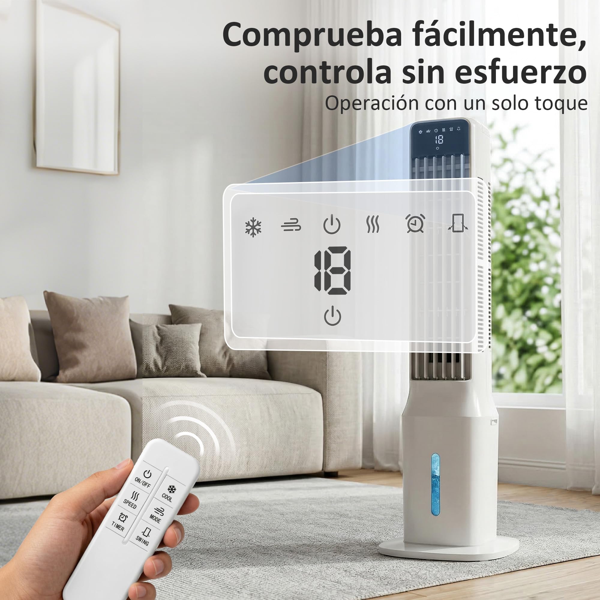 HOMCOM Climatizador Evaporativo de Torre 3 en 1, Enfriador de Aire Portátil con Depósito de 9 L, Oscilación 48°, 3 Velocidades, 3 Modos, Temporizador 24h y Mando a Distancia, 4 Acumuladores de Frío