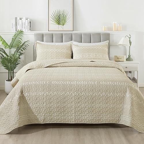 Miniatura 1 de Andency Juego de edredón beige King (106 x 96 pulgadas), 3 piezas (1 edredón estampado de triángulos a rayas y 2 fundas de almohada), juego de