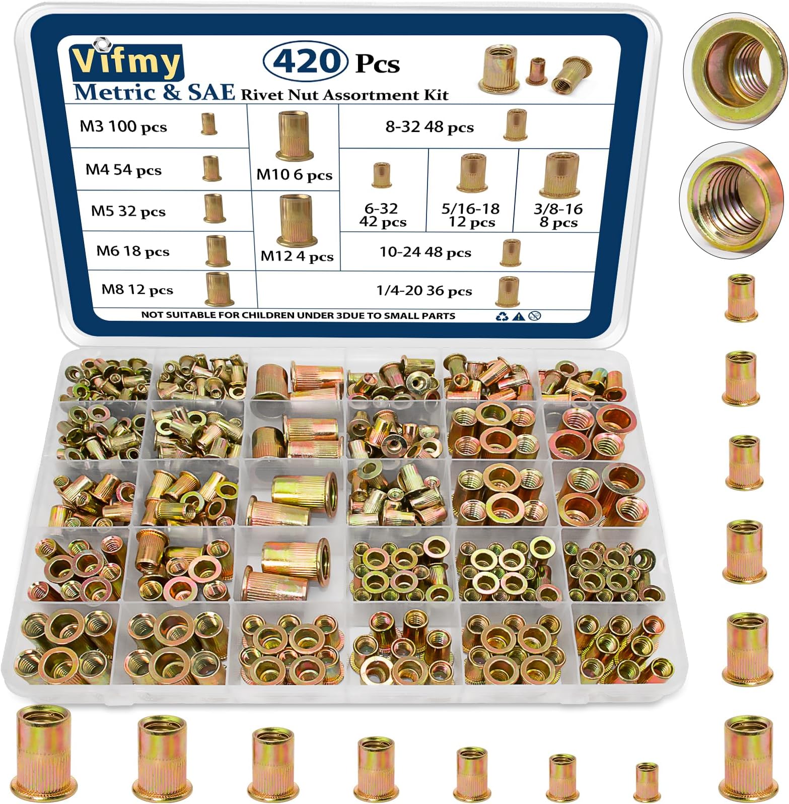 Metric & SAE Rivet Nut Assortment Kit(420 Pcs),m3 m4 m5 m6 m8 m10 m12#6-32#8-32#10-24 1/4"-20 5/16"-18 3/8"-16 UNC Flat Head Rivnut Set,Zinc Plated Finish Carbon Steel Nutsert