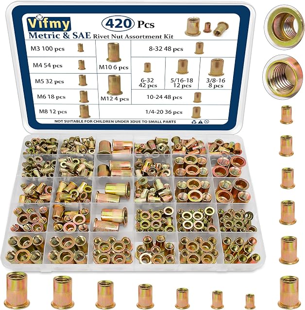 Métrique & SAE Kit d'assortiment d'écrous de rivet(420 Pcs),m3 m4 m5 m6 m8 m10 M12#6-32#8-32 #10-24 1/4"-20 5/16"-18 3/8"-16 UNC Ensemble de rivets à tête plate, Finition zinc plaquée en acier au carbone