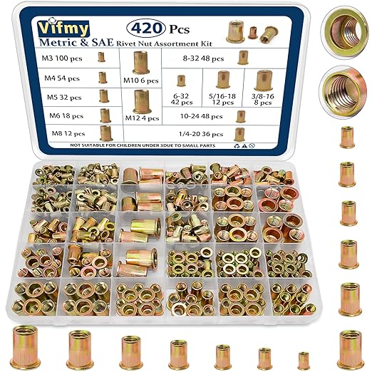 Metric & SAE Rivet Nut Assortment Kit(420 Pcs),m3 m4 m5 m6 m8 m10 m12#6-32#8-32#10-24 1/4"-20 5/16"-18 3/8"-16 UNC Flat Head Rivnut Set,Zinc Plated Finish Carbon Steel Nutsert