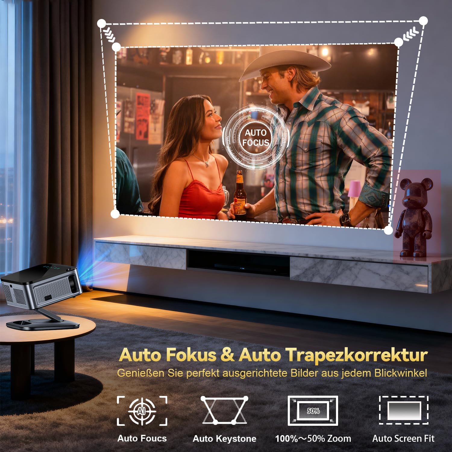 XIWBSY Beamer 4k 1500 ANSI Autofokus 360° Drehung Google TV Sprachsteuerung WiFi 6 Bluetooth 5 38000 Lumen Heimkino Outdoor Netflix