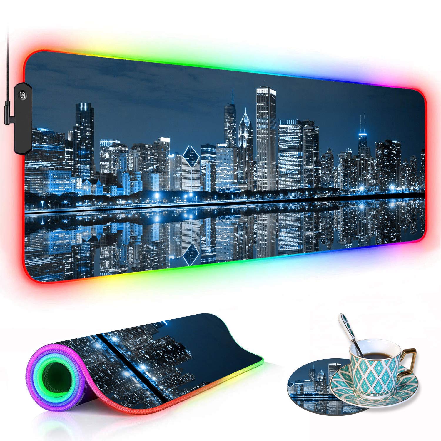 RGB Gaming Mouse Pad with Coffee Coaster, XXL Large Glowing LED Mousepad, Anti-Slip Rubber Base, Computer Keyboard Desk Mouse Mat 31.5 X 11.8 Inch -