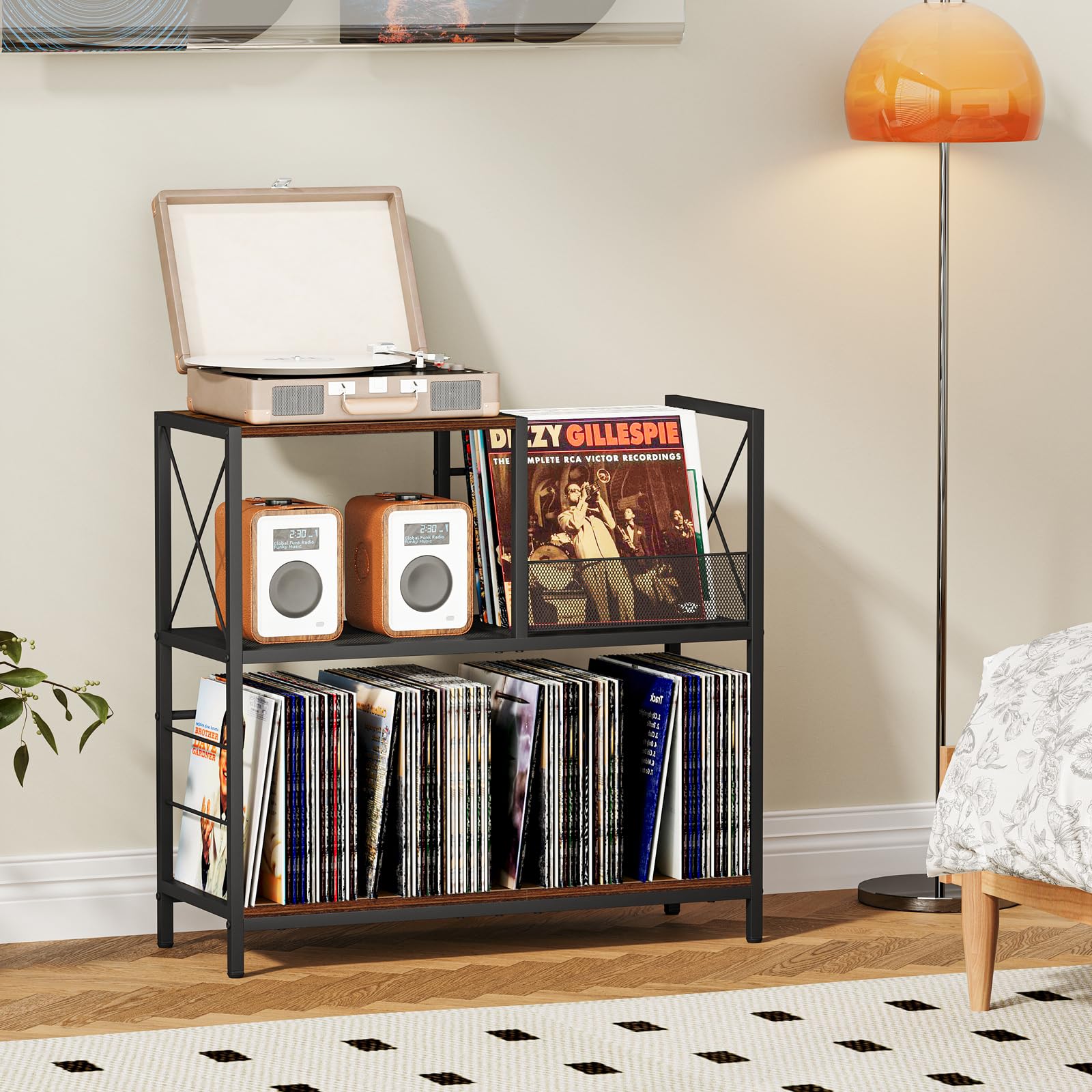 Snughome Large Vinyl Record Player Stand, Holds Up to 300 Albums, Wooden Record Display Table with 3 Adjustable Divider for Turntable Stand, Large Record Player Table Vinyl Album Storage