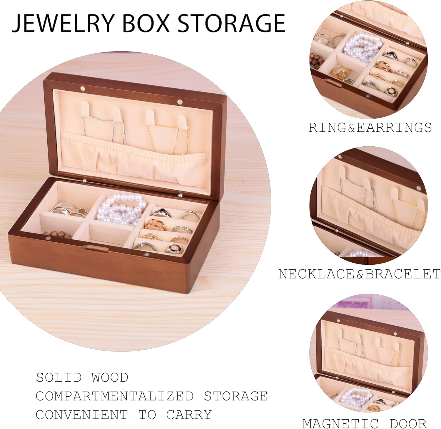 Small Jewelry Box for Women Girls, wooden Travel Jewelry Case, Portable Jewelry Organizer Storage Holder Display for Ring Earrings Necklace Brooch Men Gift, Dark Blue