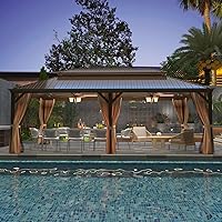 Vista 24 de YOLENY - Cenador de acero galvanizado con techo duro de 12 pies x 20 pies, marco de aluminio con doble ventilación, cortinas y malla incluidas