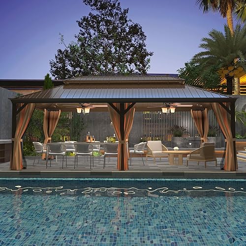 Miniatura 24 de YOLENY - Cenador de acero galvanizado con techo duro de 12 pies x 20 pies, marco de aluminio con doble ventilación, cortinas y malla incluidas