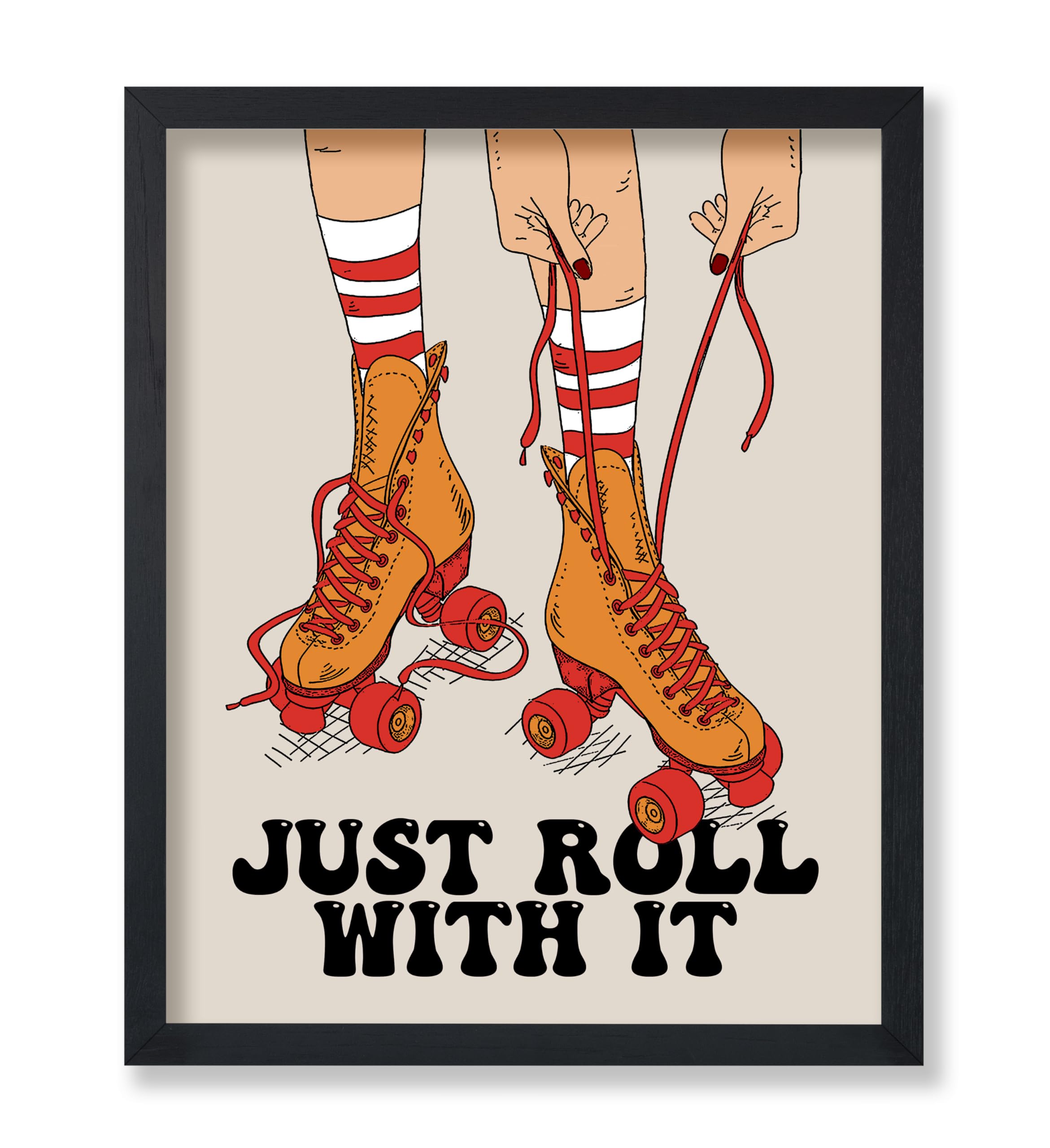 Poster Master Just Roll With It Print - Retro Roller Skates Poster - Preppy & Groovy Art - Positive Quotes Wall Design - Chic Boho Bedroom, Office or Living Room Decor - 8x10 UNFRAMED Wall Art
