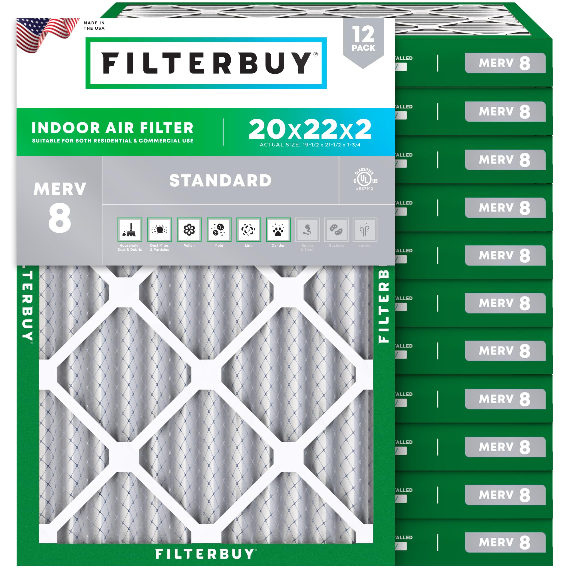 Filterbuy 20x22x2 Air Filter MERV 8 Essential Dust & Allergy Defense (12-Pack), Electrostatic Pleated HVAC AC Furnace Filters Replacement, Made in USA