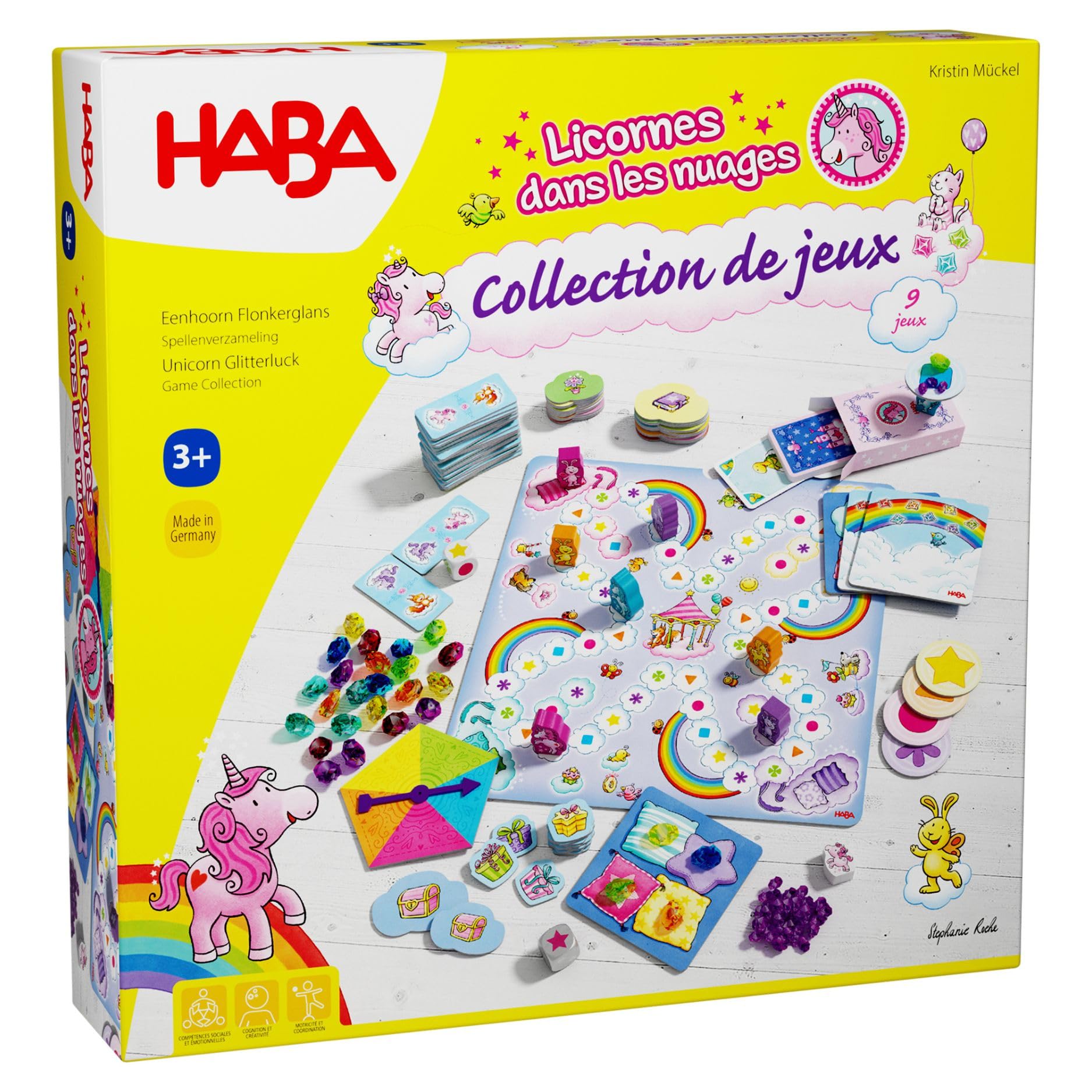 HABA Einhorn Glitzerglück Spielesammlung - 9 abwechslungsreiche Würfel, Brettspiele und Kartenspiele - mit einfachen Regeln - Made in Germany - für Kinder ab 3 Jahren - 2010879002