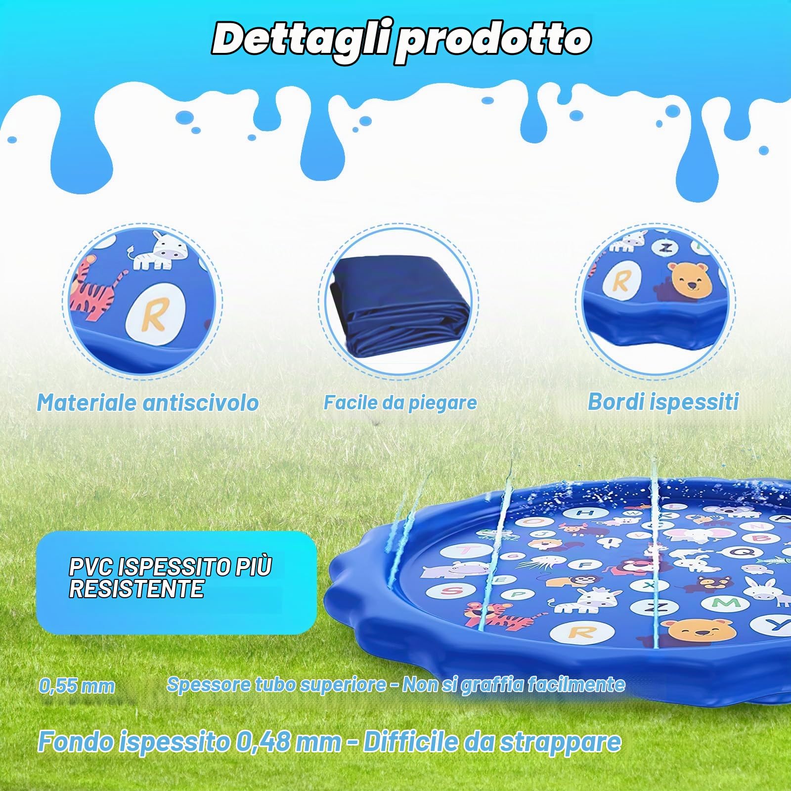 Tappetino Irrigatore per Cani, SilverChry 170cm Splash Sprinkler Pad, Tappetino Gioco d'Acqua Bambini, Giochi d Acqua pa Giardino Cani, Tappetino Irrigatore Antiscivolo per Bambini e Cani (lettera)