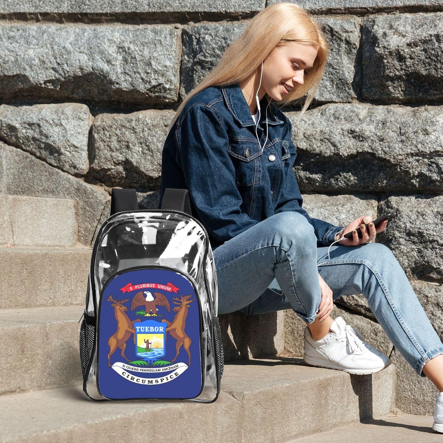 Michigan State Flag Print Unisex Transparent Backpack Set Travel Outdoor With Clear 3-Piece Lunch Pen Case