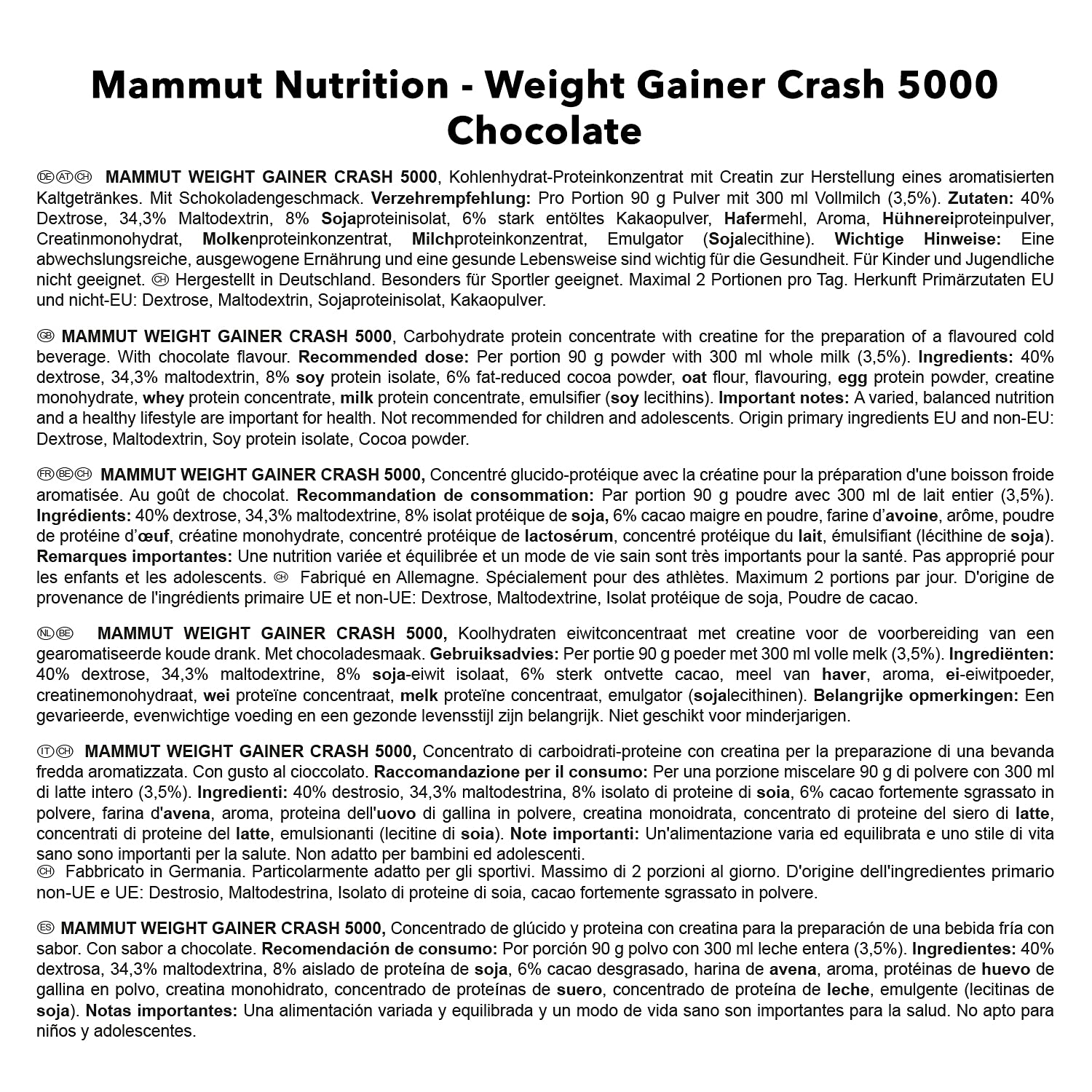Mammut Nutrition Weight Gainer Crash 5000 (4500g) Chocolate – Ansicht 6
