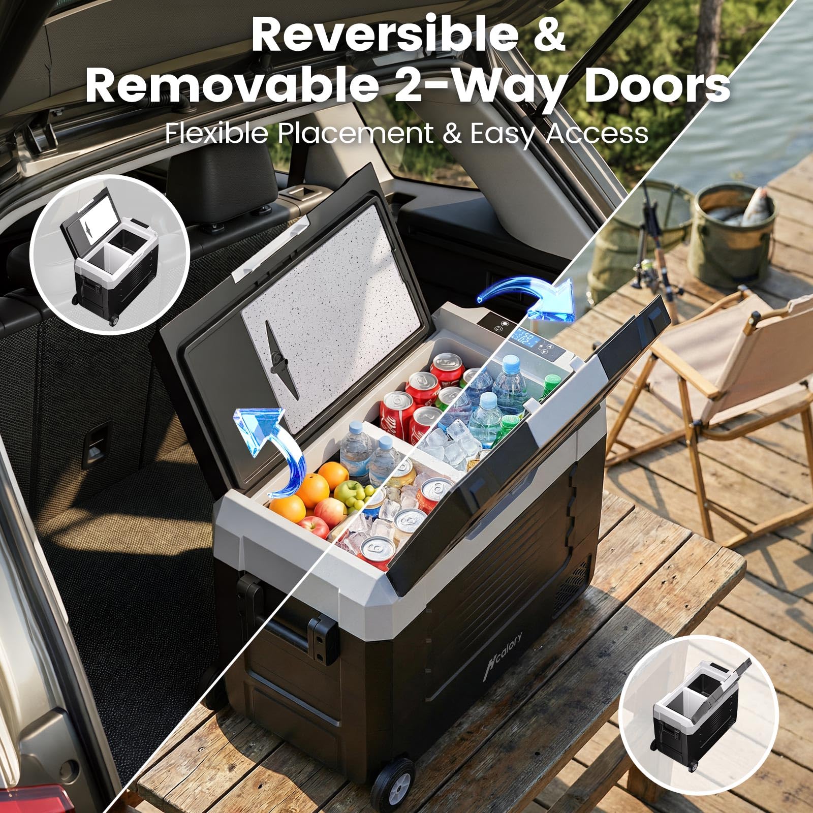 55L Tragbarer Kompressor Kühlbox mit Bluetooth-App, Dual-Zone -20°C bis +20°C, 12V/24V/230V, Rollen & Trennwand