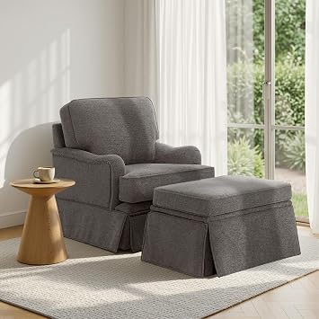 Swivel Accent Chair with Ottoman, Chenille Upholstered Armchair Skirted Base Club Chair for Living Room, Modern Arm Chair Single Sofa Bedroom Reading Seat - Tan