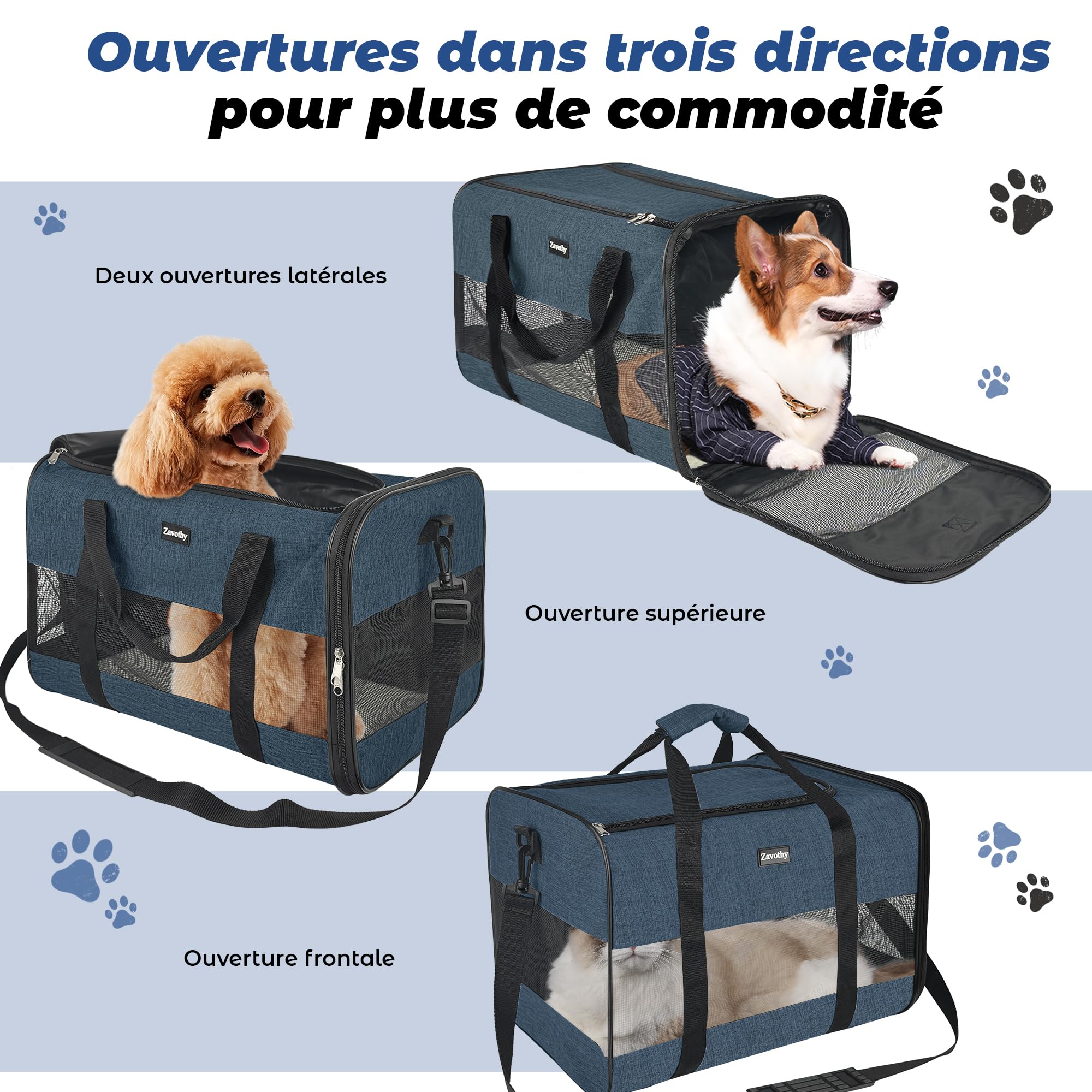 Zavothy Borsa per il trasporto per gatti e cani, borsa per il trasporto, traspirante e pieghevole, trasportino per gatti con tracolla regolabile, materasso in peluche rimovibile (blu scuro, L)