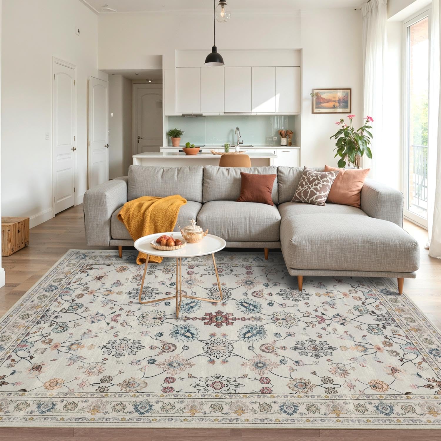 Rugxara Floral Rug for Living Room Bedroom, 4x6 Washable Rug, Vintage Boho Area Rug, Large Non Slip Low Pile Wool Carpet for Indoor Dining Room,Girls