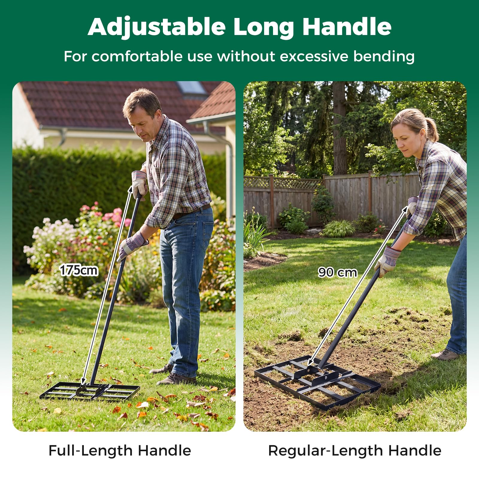 Rastrello da giardino in alluminio da 36”/91 cm, attrezzo da giardino con 36 denti e manico da 174 cm, rastrello per foglie e terra resistente per giardinaggio, livellamento di prati, laghi,