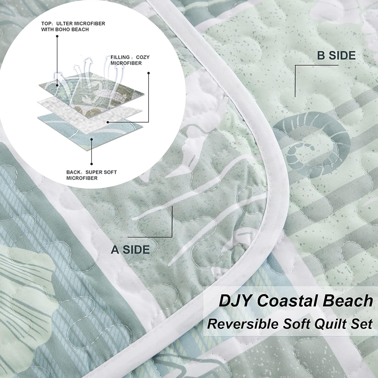 DJY Green Quilt Set Queen Coastal Beach Theme Quilt Coverlet Set Soft Microfiber Reversible Bedspread with 2 Pillow Sham 3 Pieces Coastal Bedding Quilt for All Season 90"x96" - Image 5