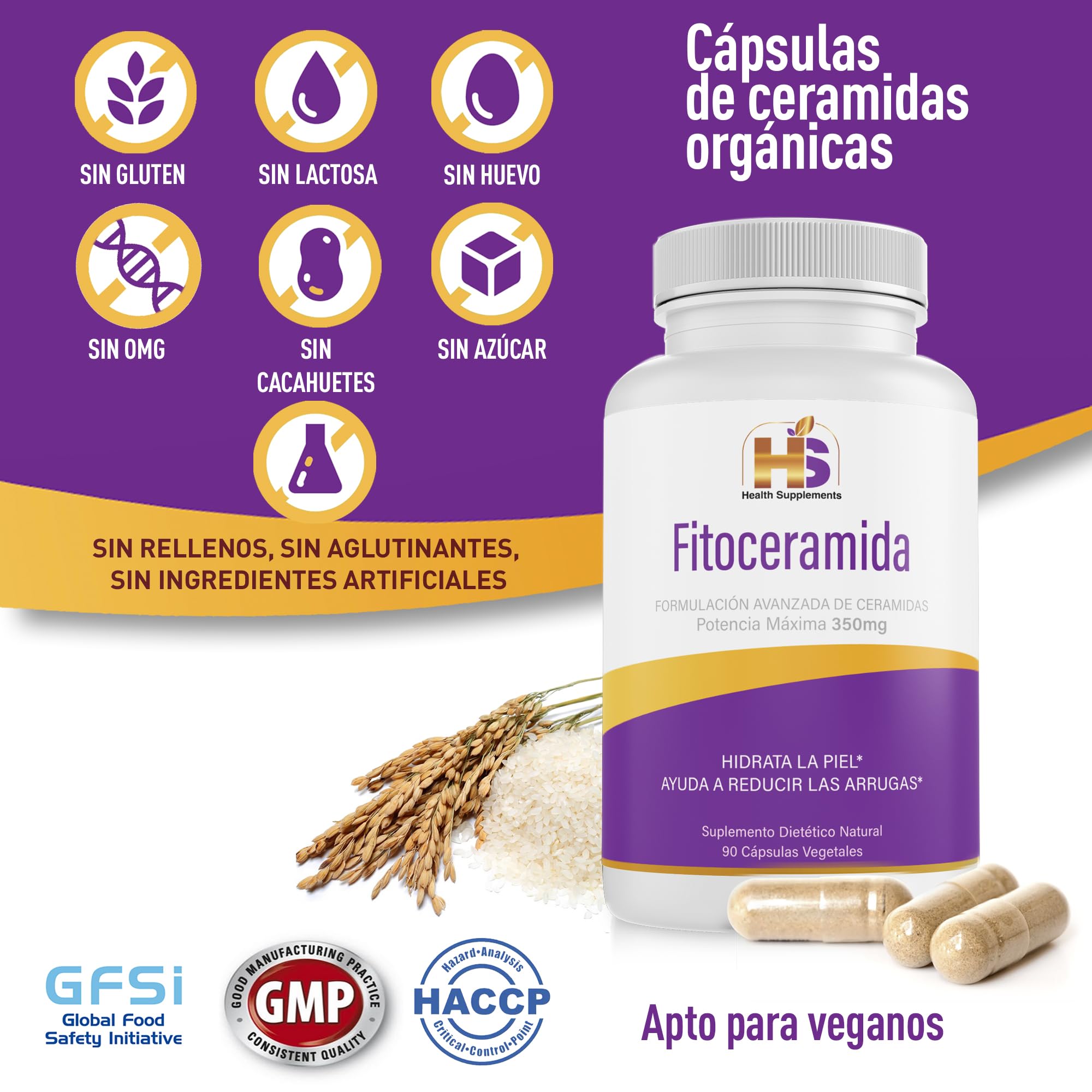 Fitoceramida 350 mg, 90 cápsulas de ceramida de arroz, ayuda a reducir las arrugas e hidratar la piel desde el interior. 100% natural, libre de OGM, sin gluten