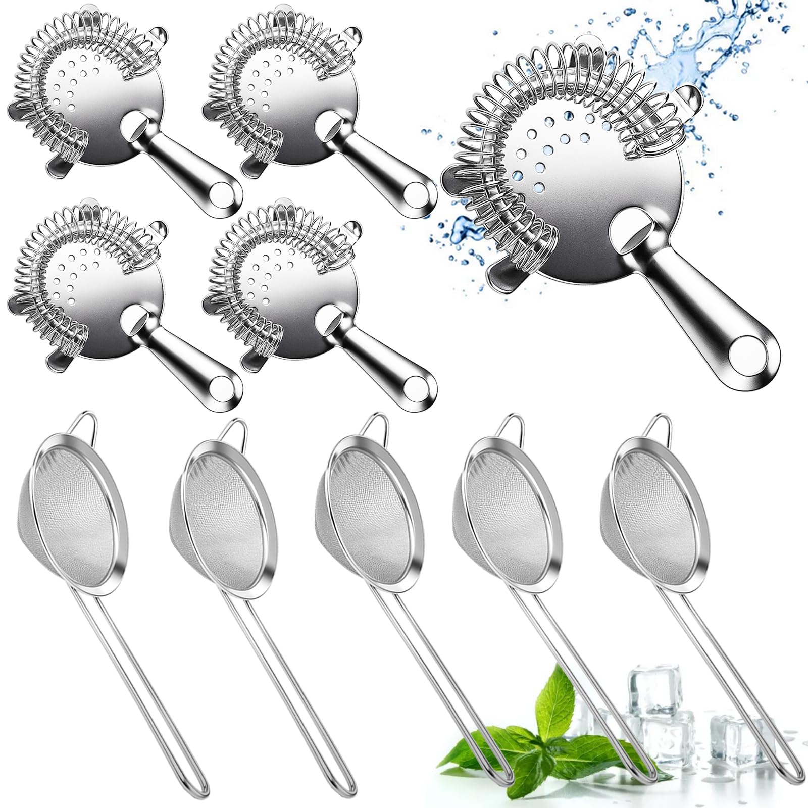 Confezione da 10 colini da cocktail in acciaio inox, 5 colini a forma di cono a maglia fine e 5 colini a 4 rebbi per bevande per barman succhi di frutta, tè, caffè