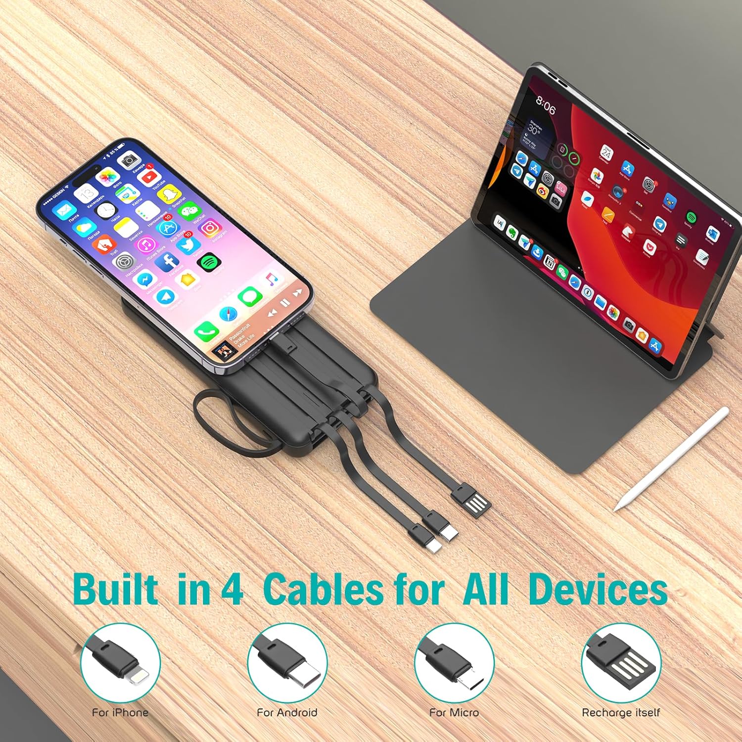 Portable Charger with Built in Cables,10000mAh Slim USB C Power Bank,5 Output 3 Input LED Display High Speed External Battery Pack Travel Phone Charger for iPhone Samsung Pixel LG Moto iPad,Black - Image 2