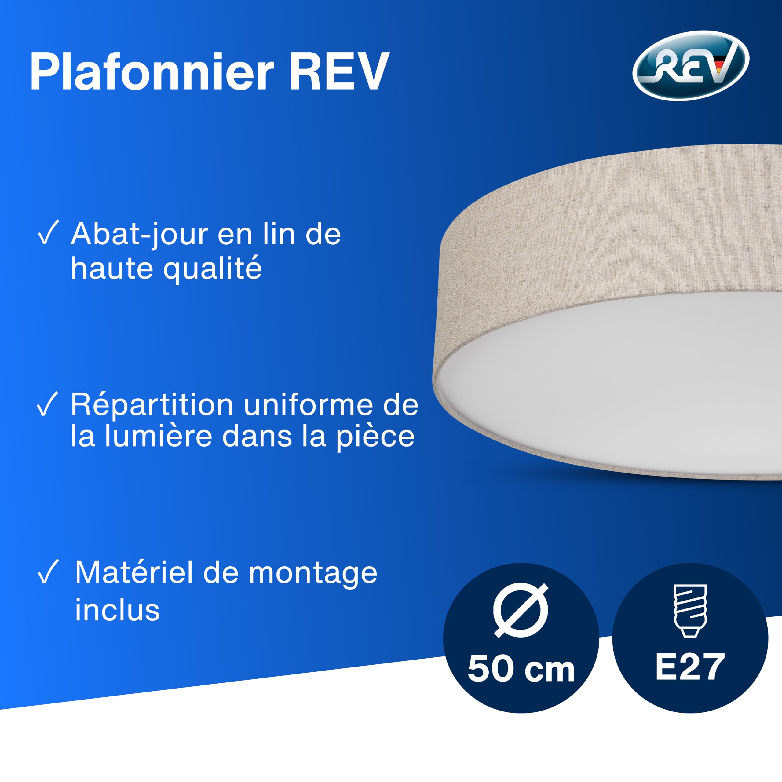 REV Plafonier - 50cm, rond, avec abat-jour en tissu, taupe