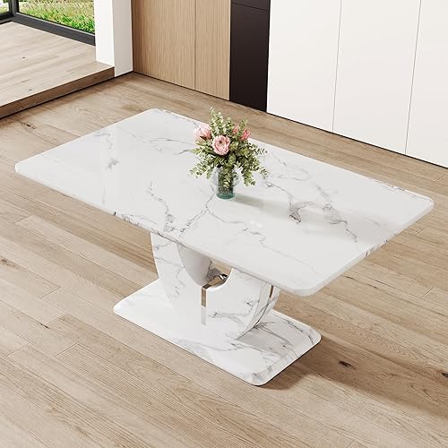 Miniatura 9 de JUFU Mesa de comedor de mármol sintético de 63 pulgadas para 6, moderna mesa rectangular de cocina y comedor, parte superior de MDF con aspecto de