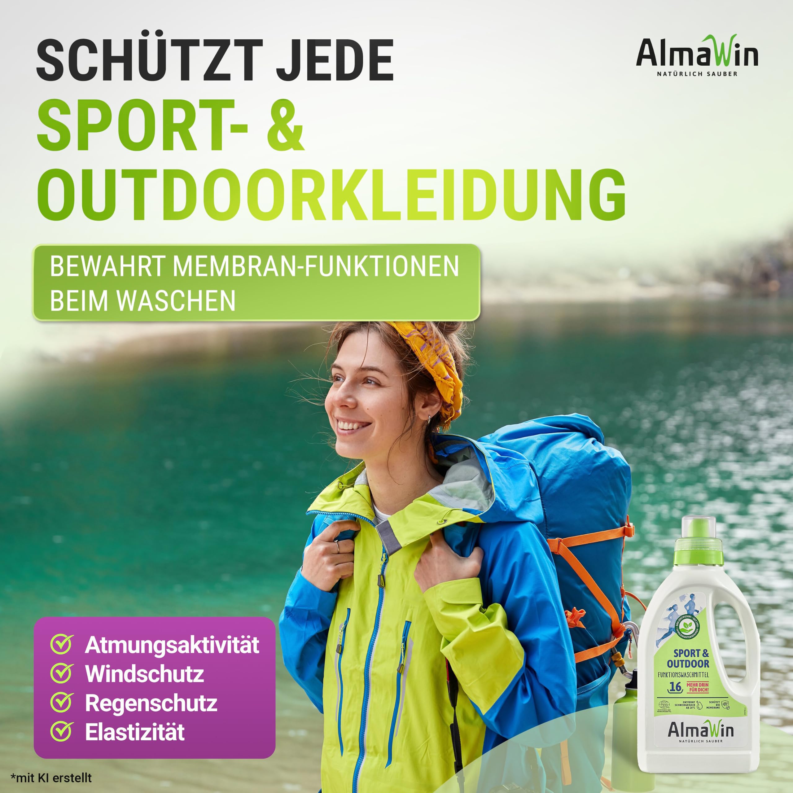 AlmaWin® Sportwaschmittel für Funktionskleidung [6x 750ml] entfernt effektiv Schweißgeruch - Membranfunktion-schützendes Funktionswaschmittel - Outdoor Waschmittel - Reisewaschmittel [20-40°C]