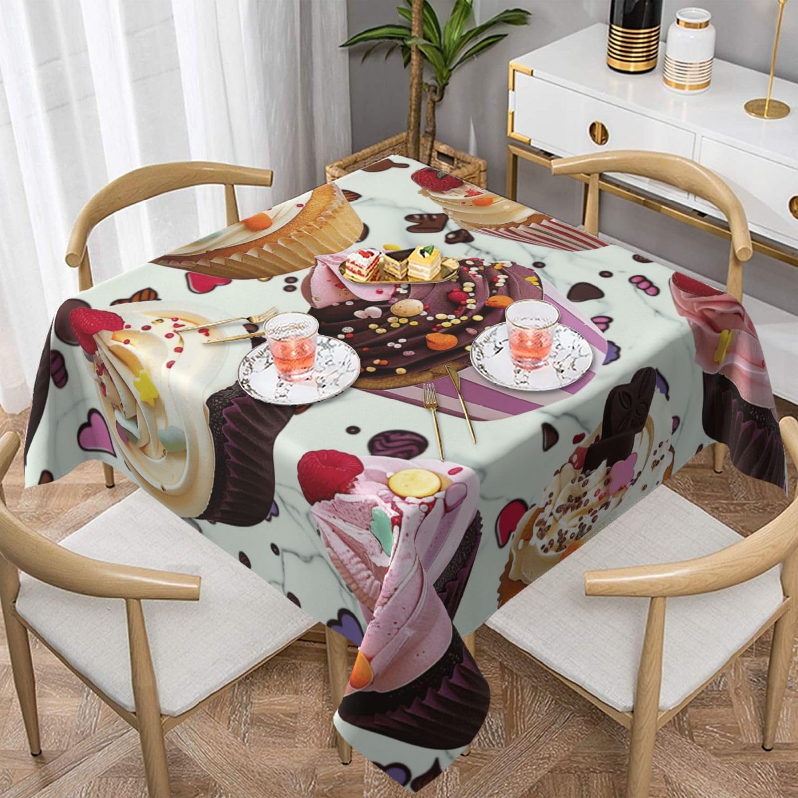 WPKJU Delicious Cupcakes Printed Square Tablecloth 54x54 inch Water Resistant Table Cover Washable Rectangle Table Cloth for Dining Tables
