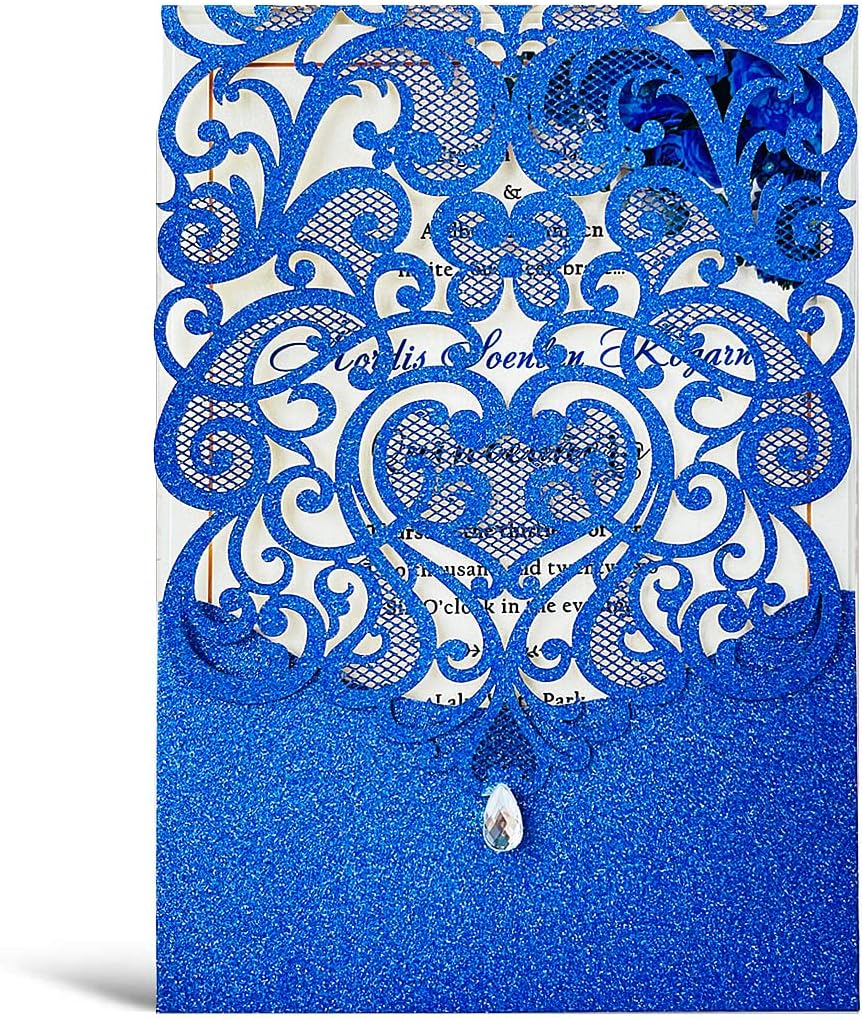 Hosmsua 50PCS Wedding Invitations Cards 5 x 7.3 Inch Laser Cut Hollow Rose Invitation with Rhinestone for Bridal Shower Engagement Quinceañera (Royal Blue Glitter) Royal Blue Glitter 50PCS Blank