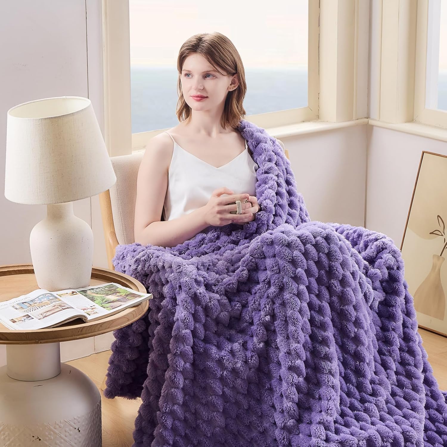 NEWCOSPLAY Super Soft Twin Blanket Lavender Premium Silky Flannel Fleece 3D Clouds Stylish Jacquard Lightweight Bed Blanket All Season Use 350GSM (Lavender, Twin(60"x80")) - Image 2