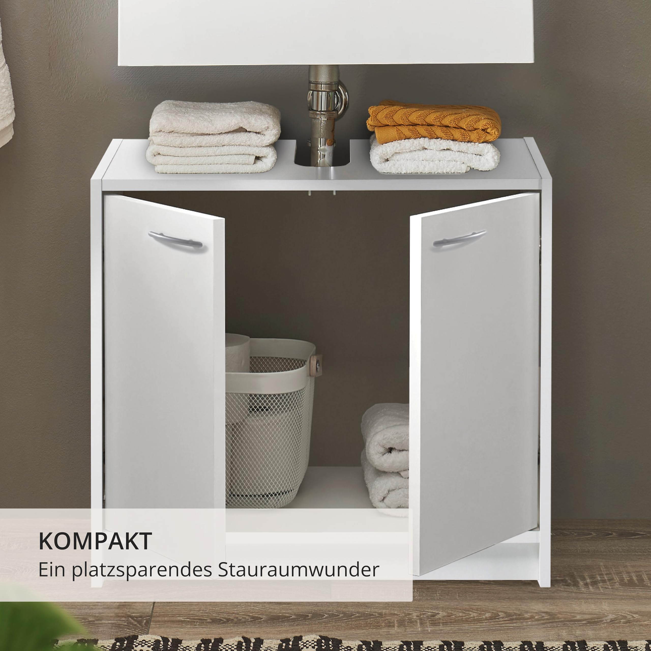 SMASH Badezimmer Waschbeckenunterschrank in Weiß matt - Schlichter Bad Unterschrank Badezimmerschrank mit viel Stauraum - 63 x 55 x 29 cm (B/H/T)