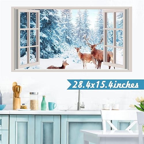 Miniatura 2 de Winter Wall Stickers 3D Fake Windows Wall Stickers Forest Wall Decals Christmas Wall Decals Peel and Stick Snow Landscape Deer Stickers Pine Tree