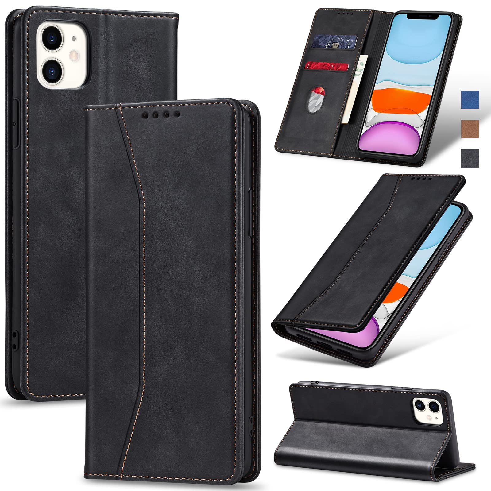 Coque Portefeuille IPhone 11 OCASE | Cuir Premium, Fermeture Magnétique, 3 Fentes Cartes + Poche Billets | Support Intégré Pour Mains Libres