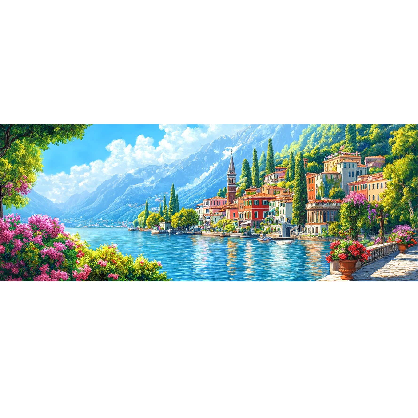 Bimkole Landscape Paint by Number for Adults, DIY Oil Painting Kit Town on Canvas with Paintbrushes and Acrylic Pigment, for Paint by Numbers for Beginner, for Home Wall Decor 31.5x11.81 Inch